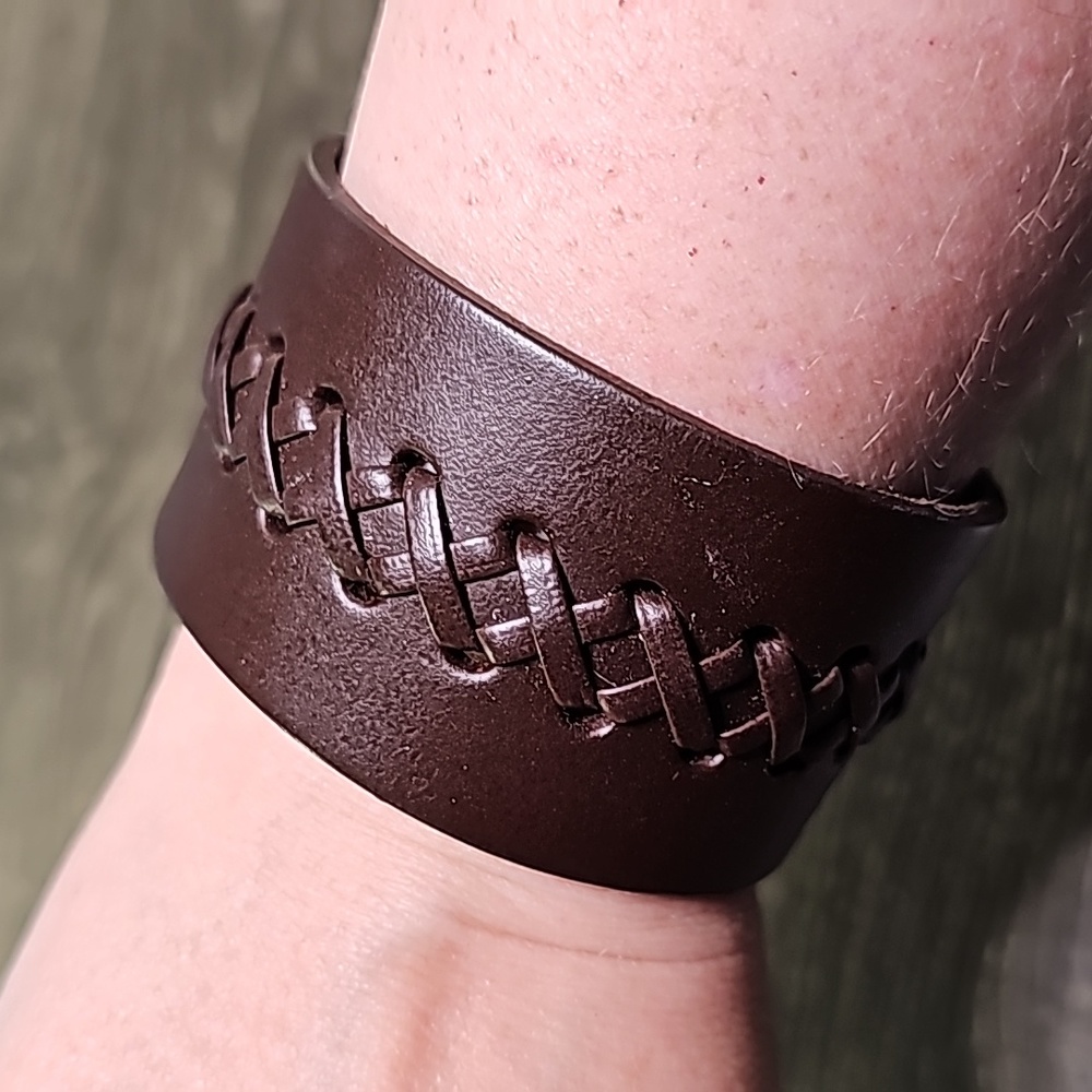 Faux brown leather braid cuff snap adjustable bracelet